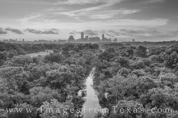 Barton Springs and Austin Aerial Black and White 602-1