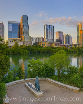 SRV Statue and Austin Skyline Evening 1