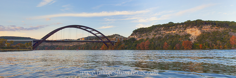 360 Bridge Panorama River View From a kayak on the Colorado River, this is the view of the well-known 360 Bridge just outside of Austin, Texas. The trees along...