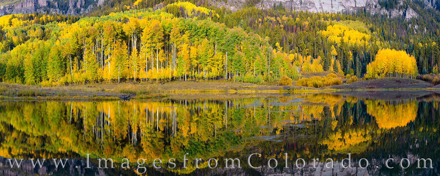 Autumn Aspen Reflections Pano 103-11 After a storm had passed, the waters of Clear Lake were absolutely still. The aspen were changing from green to gold, and the...