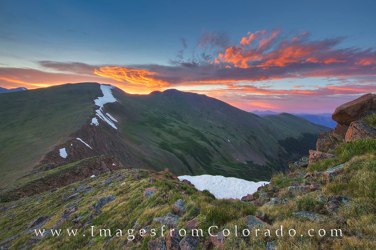 Berhtoud Pass and Mount Flora Sunrise 2 From just beneath the Colorado Mines Peak near Berthoud Pass, this mountain landscape view looks across to Mount Flora (13,146...