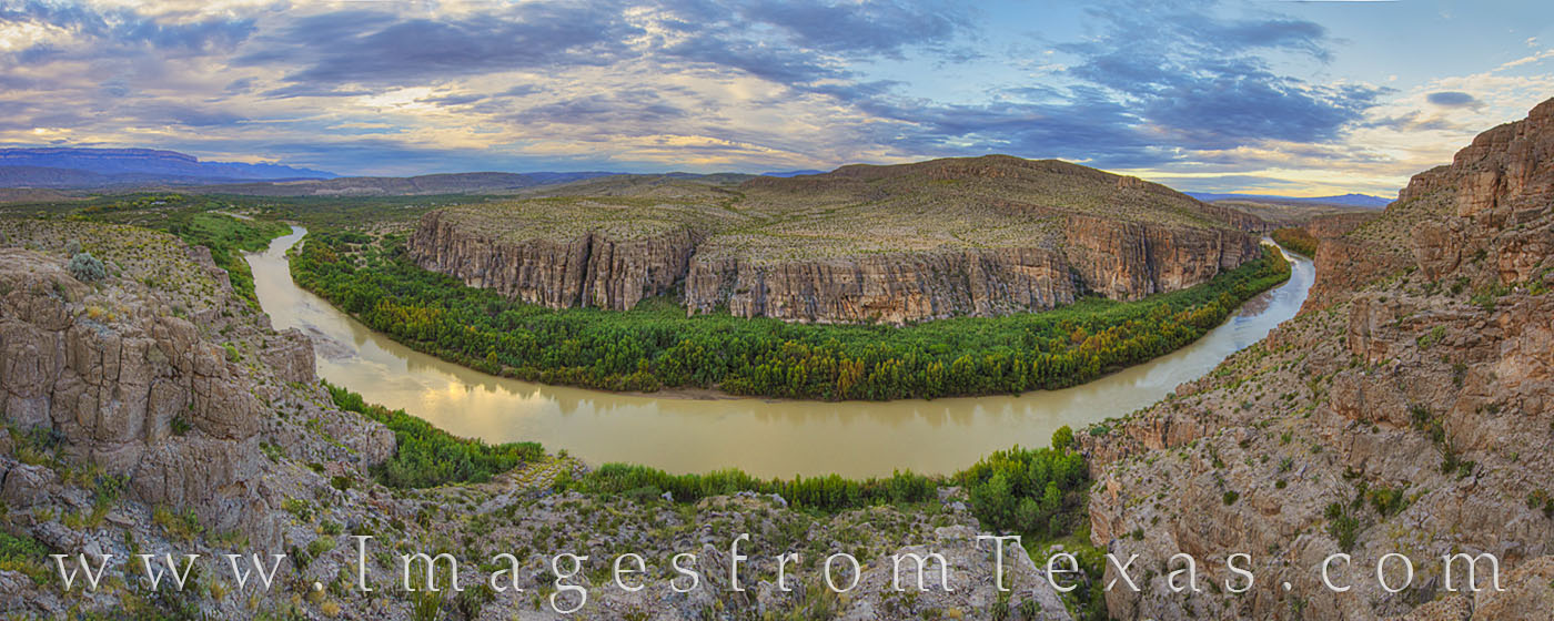 Big Bend Hot Springs Panorama 107-1 This morning panorama comes from the Hot Springs Trail in Big Bend National Park. Far below the rocky cliffs, the Rio Grande...