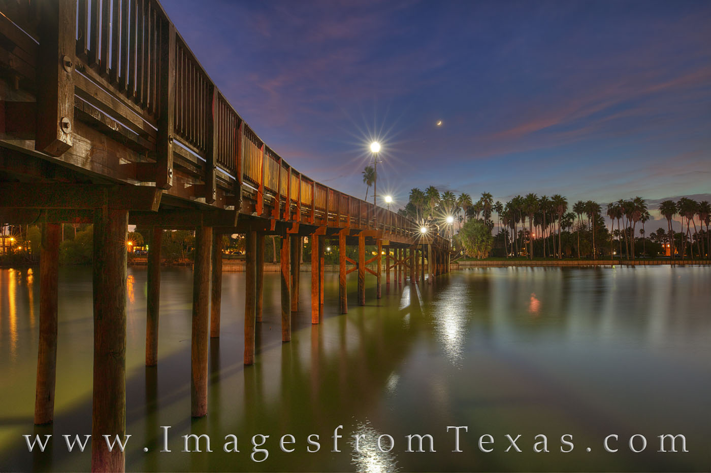 resaca, bridge, brownsville, rio grande, evening, moon, palm trees, night, footbridge, south texas, border town, southmost college