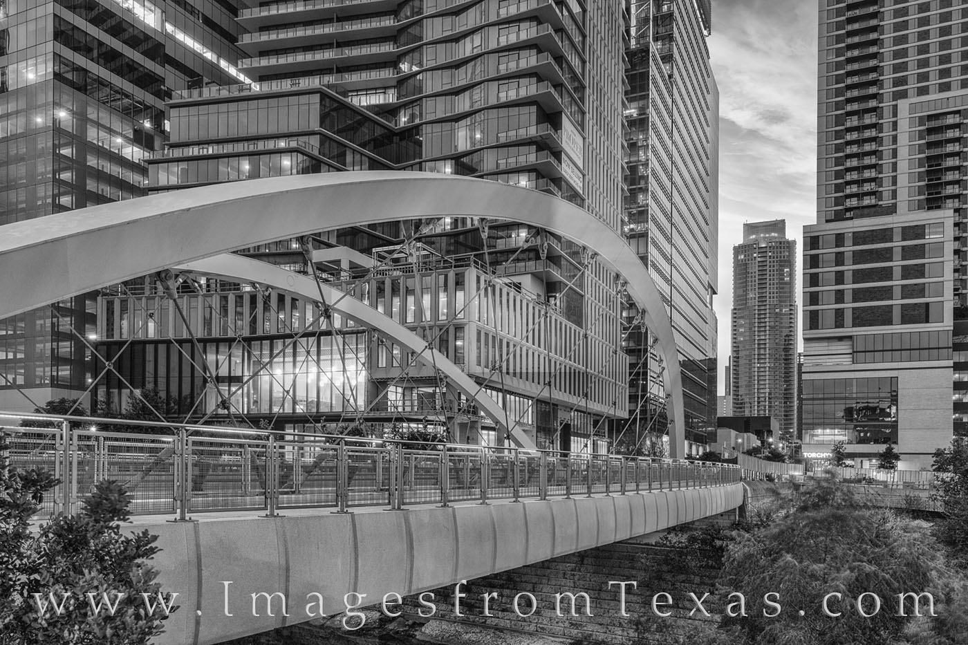 Butterfly Bridge - Austin, Texas Black and White 824-1 From downtown Austin, Texas, this black and white photograph of Butterfly Bridge shows the beautiful structure as it crosses...
