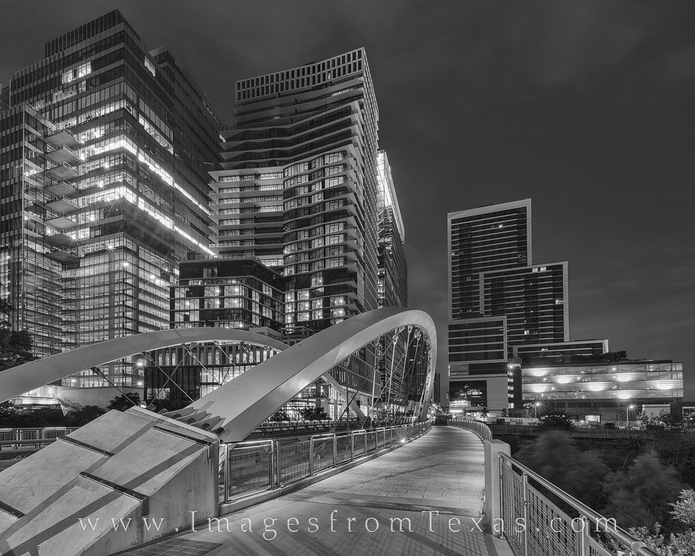 Butterfly Bridge - Austin, Texas 824-5 This black and white image of the Butterfly Bridge shows the canted arches of the bridge on a warm summer morning well before...