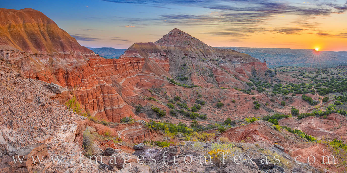 capitol peak, panorama, sunrise, broom weed, hiking, off-trail, palo duro canyon, palo duro prints, west texas