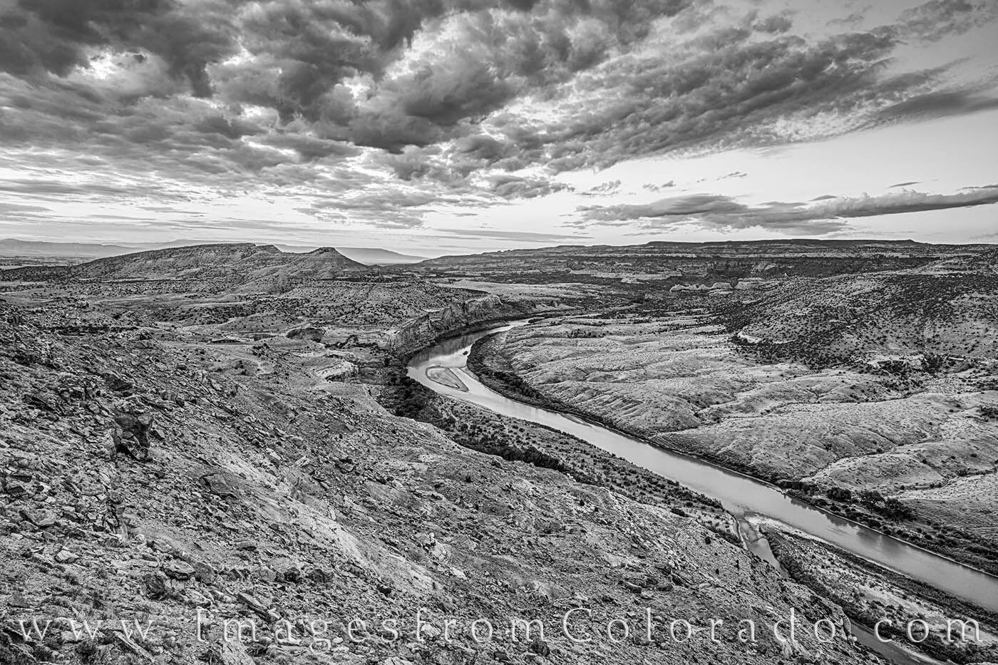 Colorado River Sunrise Black and White 717-1 Mack Point offers an amazing view over the Colorado River. This black and white image looks east at sunrise and features the...