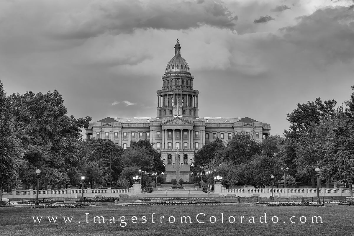 Colorado State Capitol in Black and White 1 Built in 1894, this black and white photograph shows the Colorado State Capitol as it sits in the Civic Center of downtown Denver...