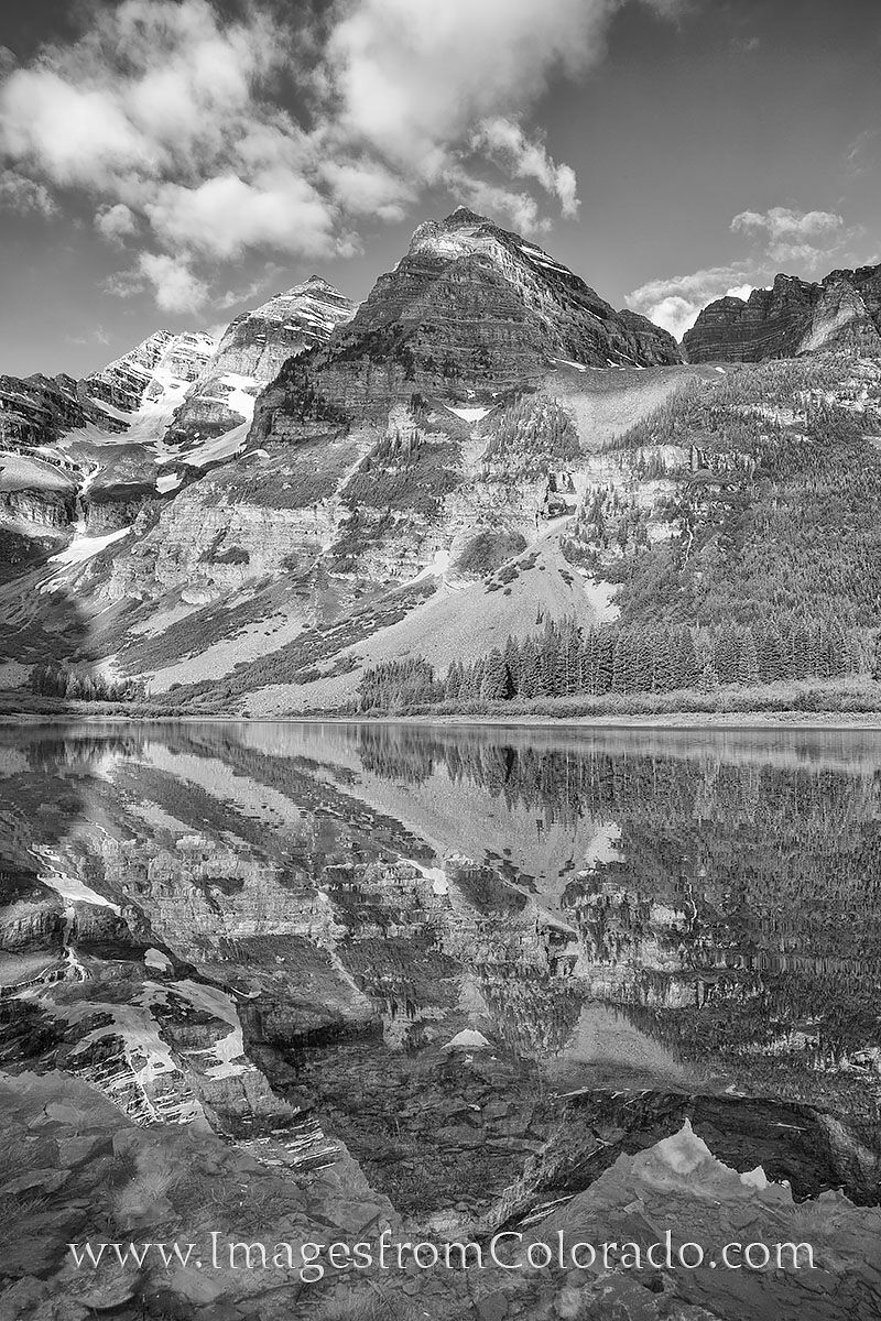 Crater Lake and the Maroon Bells in Black and White 2 Rising over 14,000’ feet above Crater Lake, Maroon Peak and North Maroon Peak tower over the still waters of this tranquil...