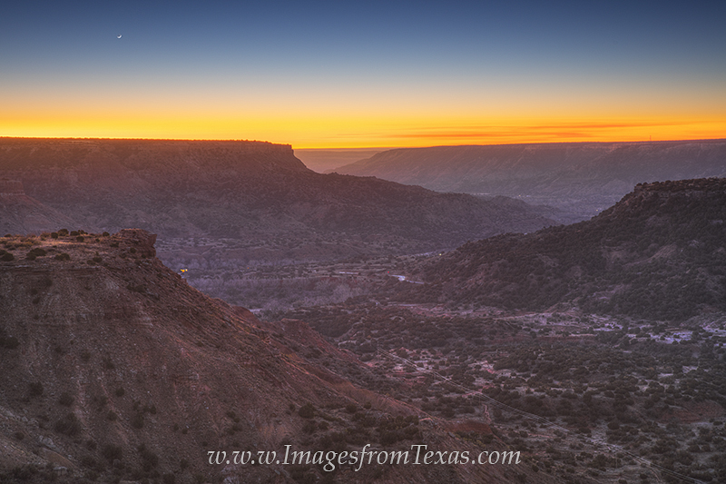 Crescent Moonrise over Palo Duro Canyon In the wee hours of the morning, a crescent moon rises in the early October air over Palo Duro Canyon in the Texas Panhandle.
