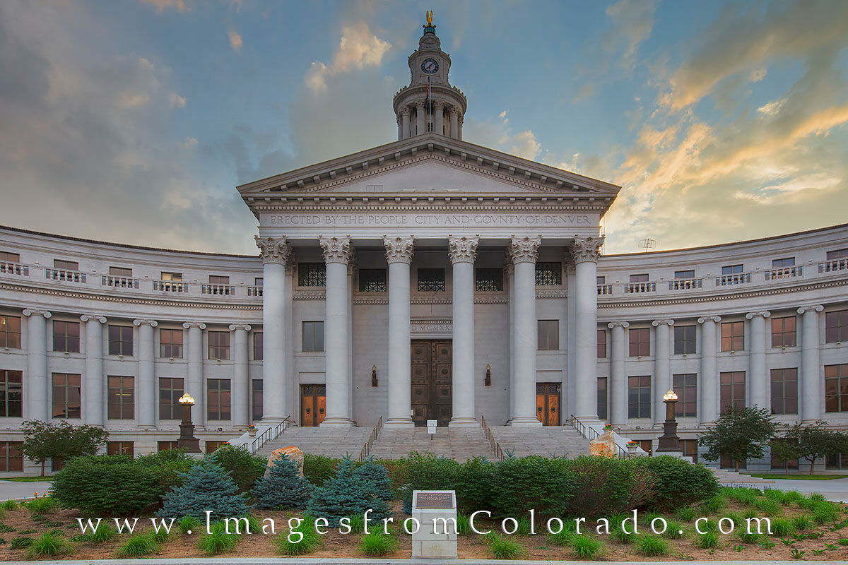 Denver City and County Building 2 The Denver Civic Center rests at the intersection of Colfax and Broadway Avenue. This downtown Denver image shows the City and...