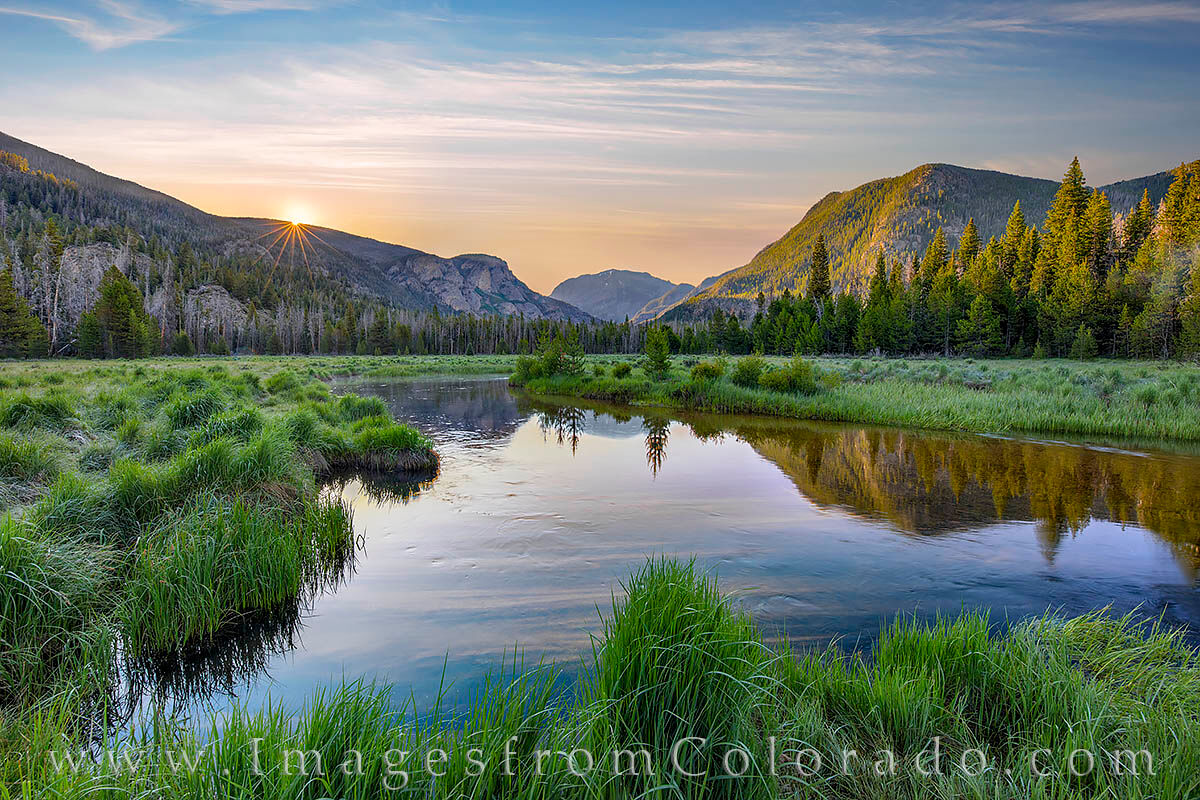East Inlets Sunrise RMNP 709-1 Near Grand Lake, the East Inlet trailhead begins and winds through a beautiful portion of Rocky Mountain National Park. Here...