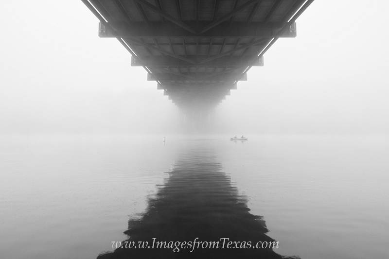 Fishing and Fog at the 360 Bridge Black and White