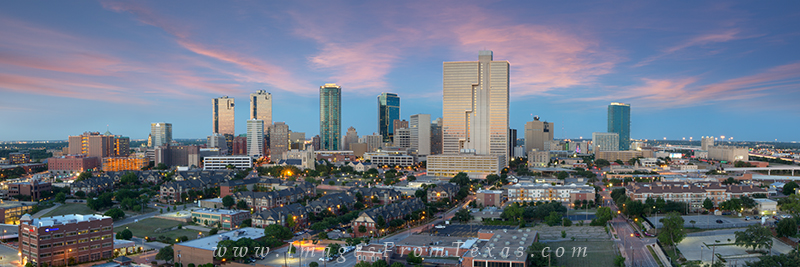 Fort Worth Skyline Evening Panorama 2 Fort Worth, Texas, is an interested balance of old and new. This panorama of the skyline shows the modern architecture as the...