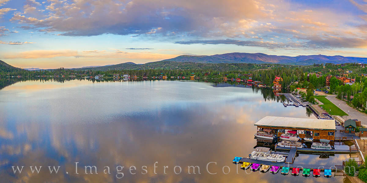 Grand Lake Morning Summer Panorama 1 From the east side of Grand Lake, this aerial panorama shows the pristine lake and quiet town on a sleepy summer morning. In...