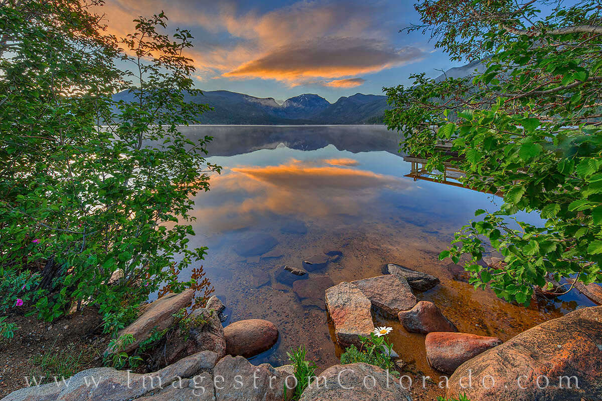 Grand Lake Sunrise 627-1 Seen from the Shores of Grand Lake near Rocky Mountain National Park, Mount Craig (12,007’) rises into the beautiful sunrise...