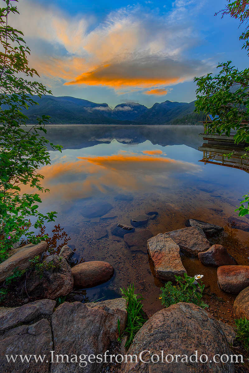 Grand Lake Sunrise 627-2 A beautiful sky and a single daisy add beauty to the still waters of Grand Lake on a summer morning just before sunrise. In the...