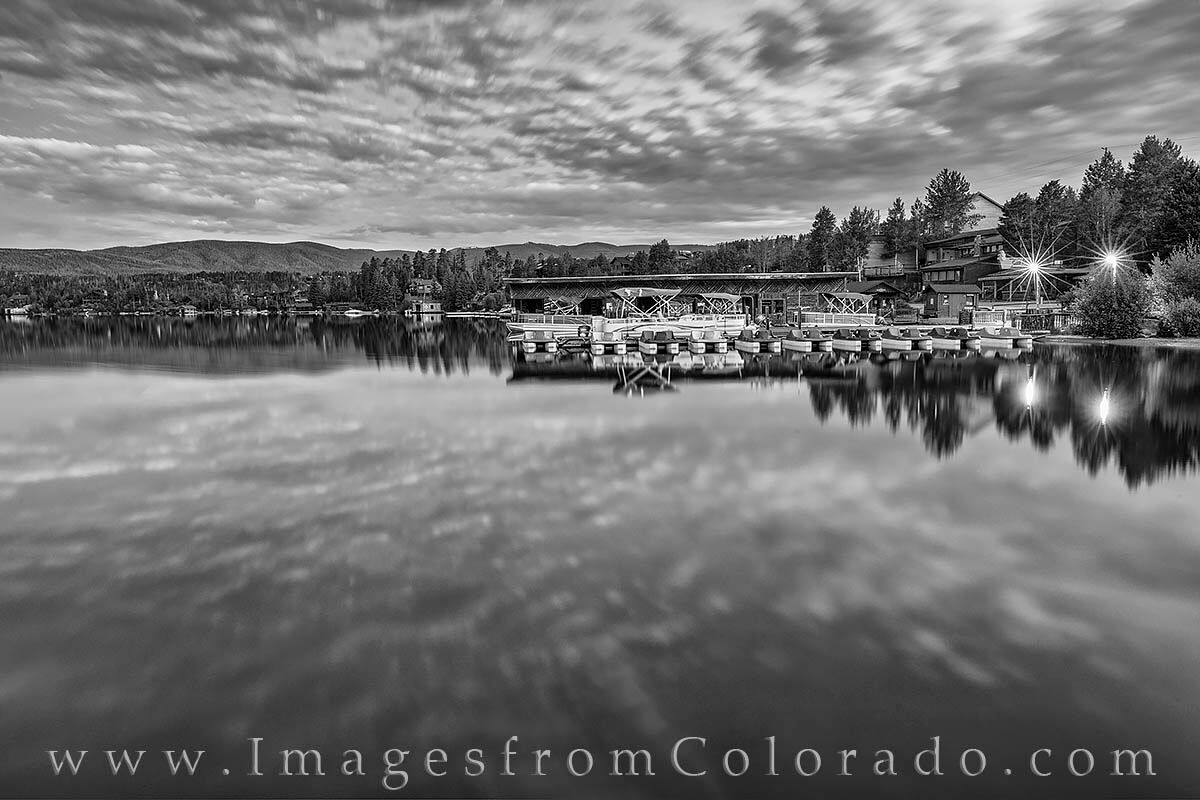 Grand Lake before Summer Sunrise Black and White 1 Clouds race across the sky about 30 minutes before sunrise in this long black and white exposure from Grand Lake, Colorado.