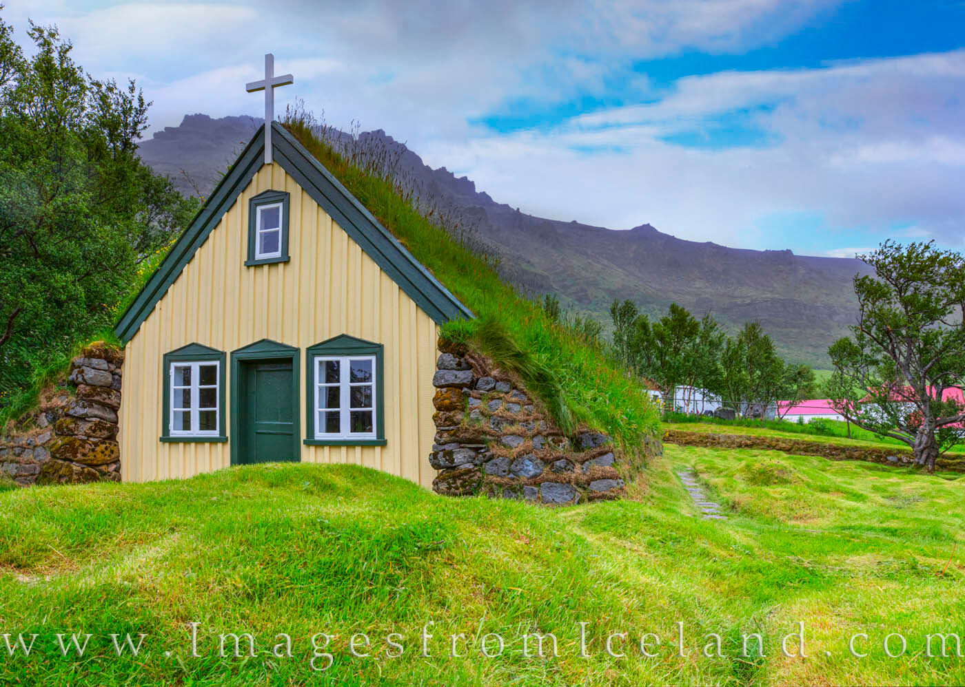 Hofskirkja 620-1 Hofskirkja is a turf church built in 1884 in south Iceland. This unique building is one of six remaining turf churches, and it...