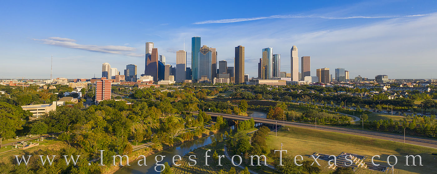 buffalo bayou, houston skyline, afternoon, november, drone, aerial photogaphy, Houston aerial, aerial, blue sky, panorama