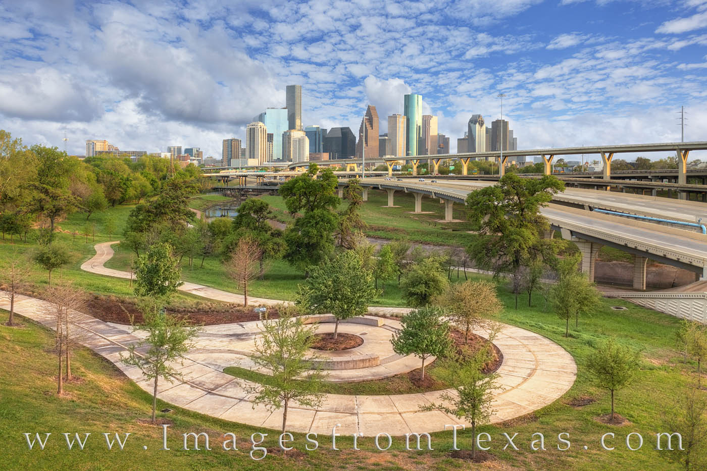 Houston from Hogg Park 328-1 From just a little above Hogg Park, this aerial view shows the beginnings of spring and the downtown Houston skyline on a late...