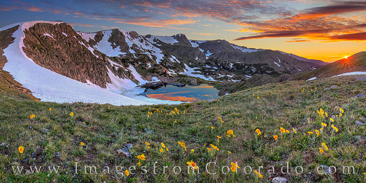 King Lake Sunflower Sunrise Panorama 703-1 Old Man of the Mountain (not me) grace the slopes around King Lake atop Rollins Pass near the resort town of Winter Park. The...