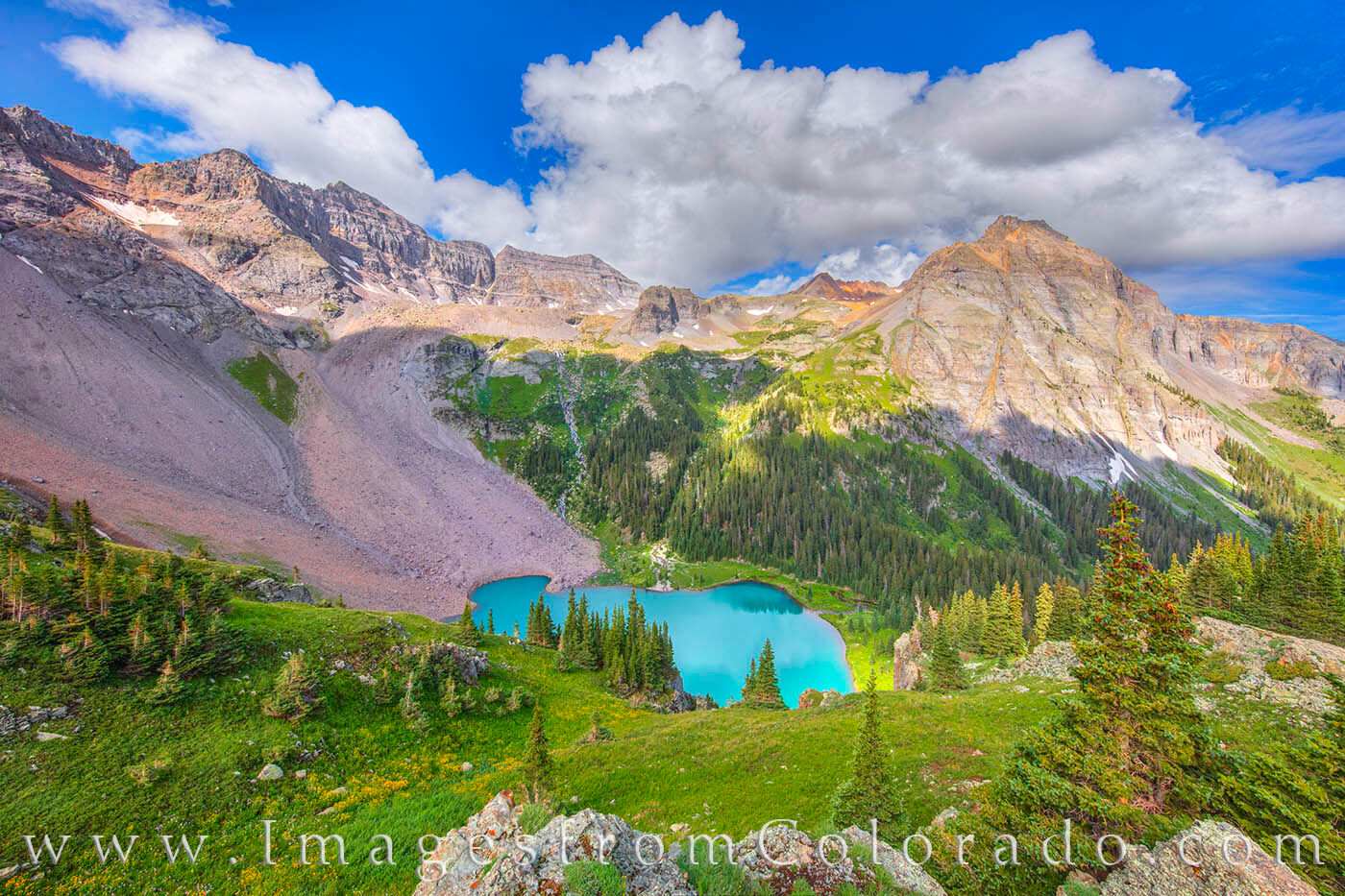 Late Morning Glory 726-1 Not far from Ouray, the Blue Lakes Trail offers some of the best views in Colorado. Here, the Lower Blue Lake, turqoise from...