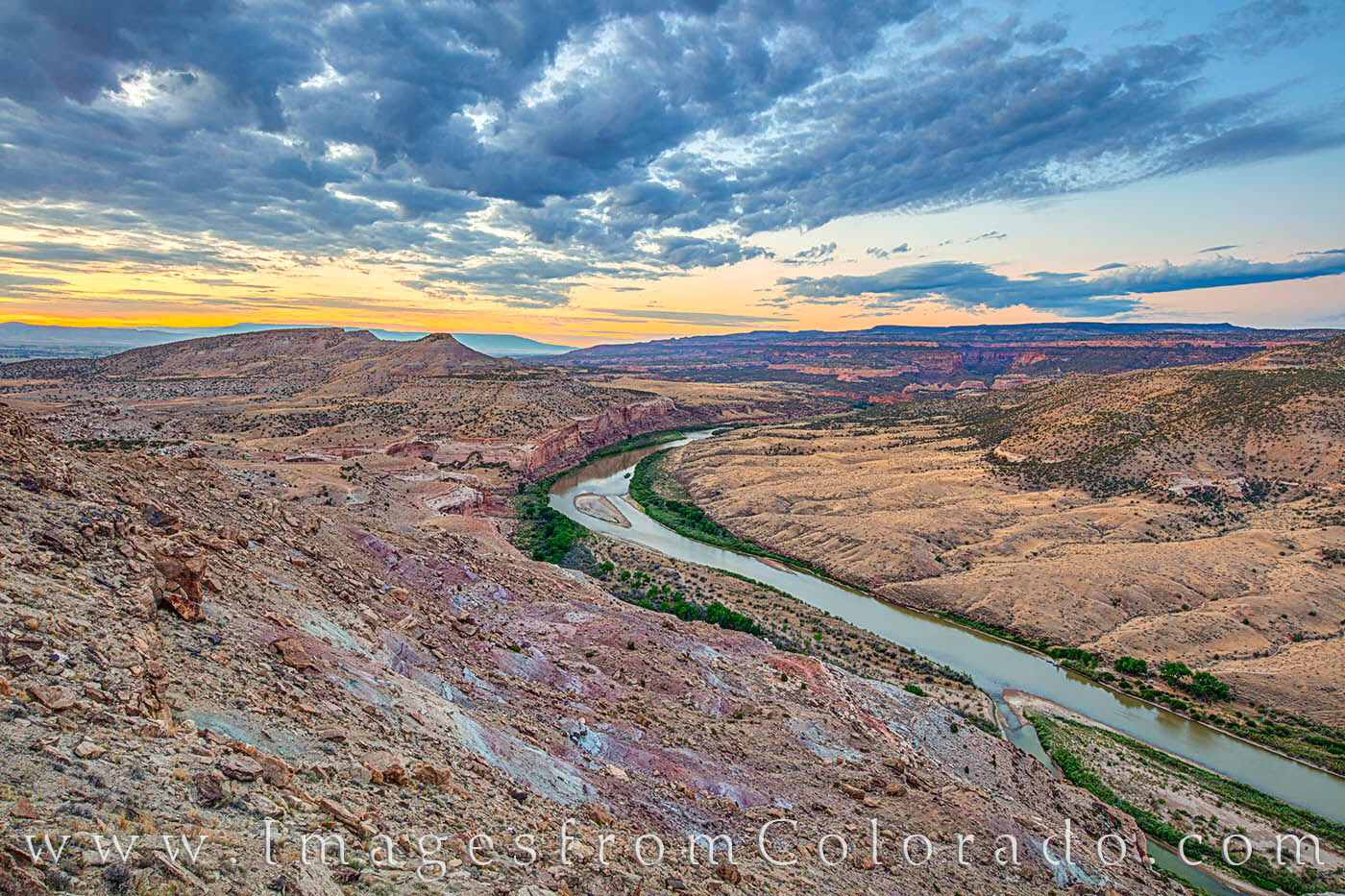 Mack Point, Colorado River at Sunrise 717-1 From Mack Point along the Kokopelli Trail, the Colorado River flows west at sunrise. In the distance - to the south (right) -...