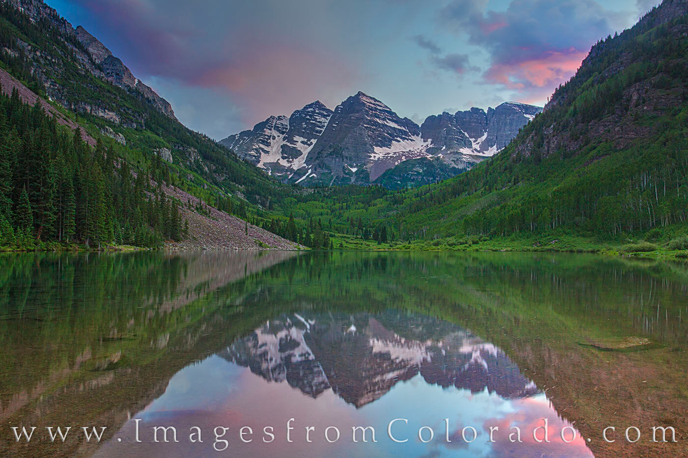 Maroon Bells Summer Evening 4 Evening falls across the Maroon Bells Wilderness Area near Aspen, Colorado. Maroon Lake was still and offered a great reflection...