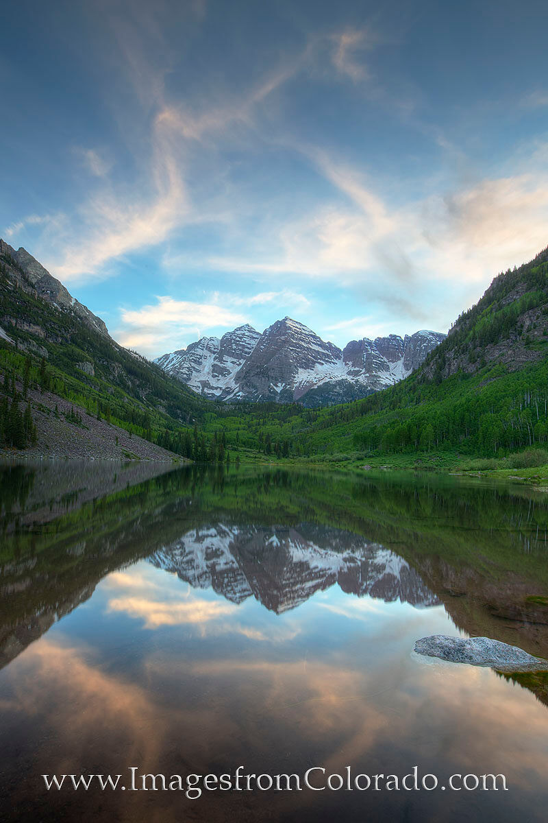 Maroon Bells Sunset 2 On a summer evening at the edge of Maroon Lake near Aspen and Snowmass, Colorado, the Maroon Bells rise into the edge of night...
