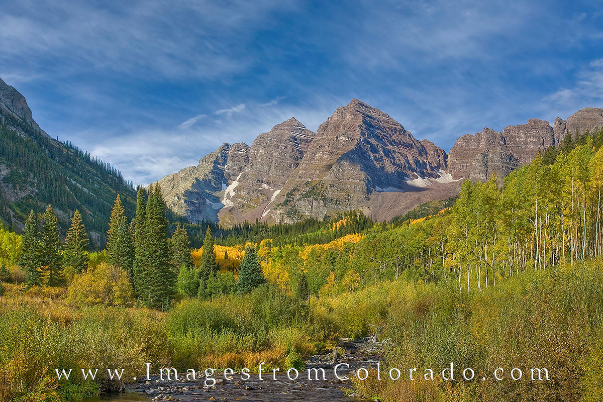 Maroon Bells from Maroon Creek Morning 1 As one of the most scenic areas in Colorado, the Maroon Bells Wilderness Area near Aspen offers miles of hiking and exploration...