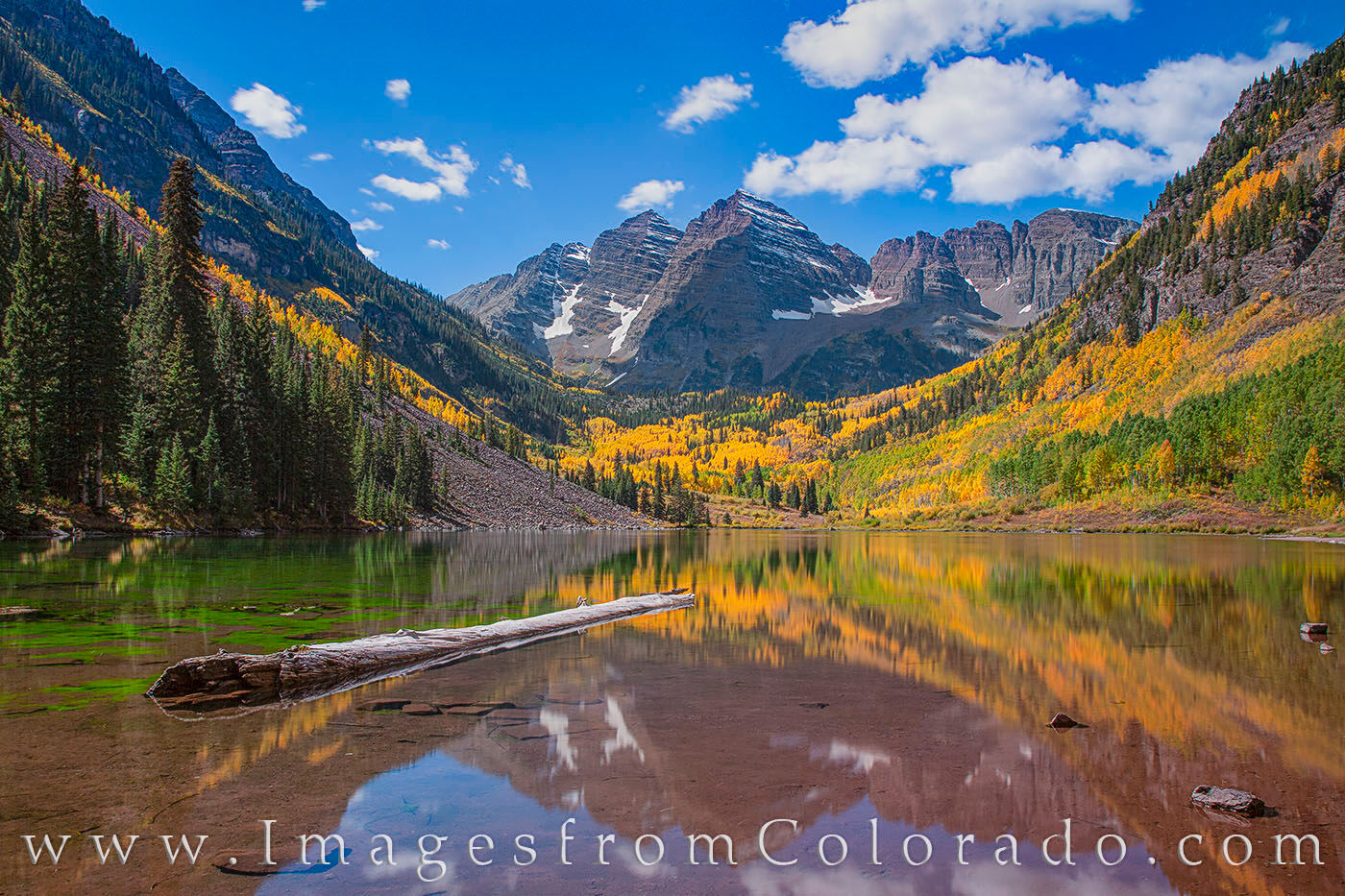 Maroon Bells on an Autumn Morning 928-1 On a pristine Autumn morning in the Elk Mountains, the aspen trees of Maroon Bells and Maroon Lake put on a colorful display...