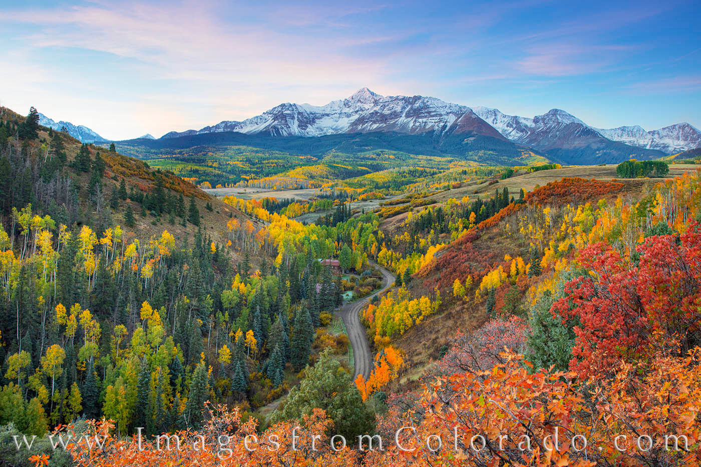 Mount Wilson Fall Colors before Sunrise 1 Before first light hit the peak of Mount Wilson, the high clouds were a soft, pastel pink. Below, the aspen trees were scattered...