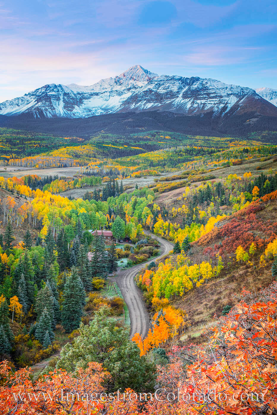 Mount Wilson Fall Colors before Sunrise 2 From a ridge high above a small dirt road, this view captures Mount Wilson in the distance with colorful aspen and scrub brush...