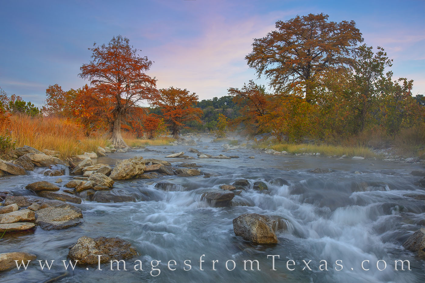 November Morning on the Pedernales River 1118-1 The Pedernales River flows through the Hill Country on a cold November morning. The fall colors were on full display - the oranges...
