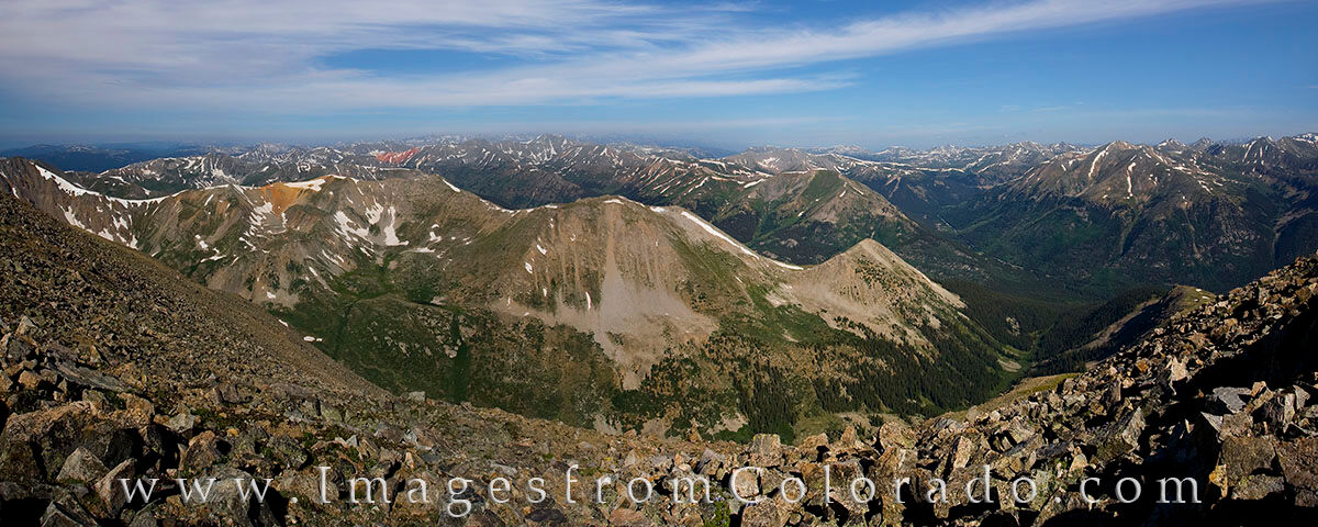 Panorama from La Plata Peak This is what the world looks like from La Plata Peak at 14,336’. The world below is beautiful and all troubles seemed far away...
