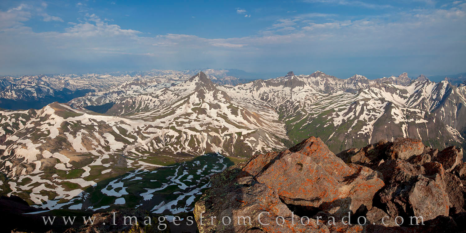 Panorama from Uncompahgre Peak 1 From the summit of Uncompahgre Peak at 14,309’ near Lake City, this view shows the surrounding 13ers, along with Wetterhorn...