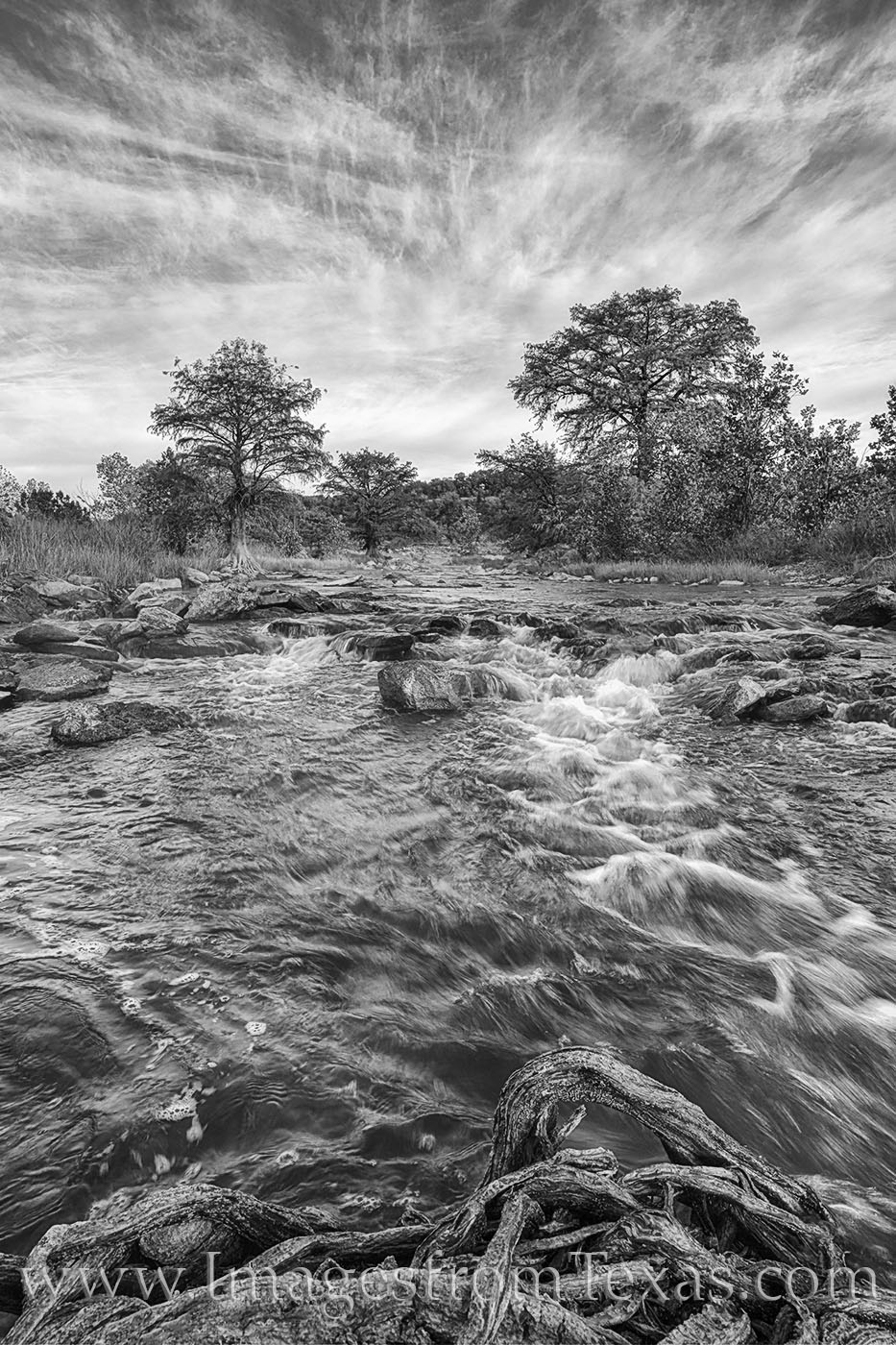 Pedernales River November Morning Black & White 1118-1 On a cold November morning, the skies above the Pedernales River in the Texas Hill Country were amazing, and in black and white...