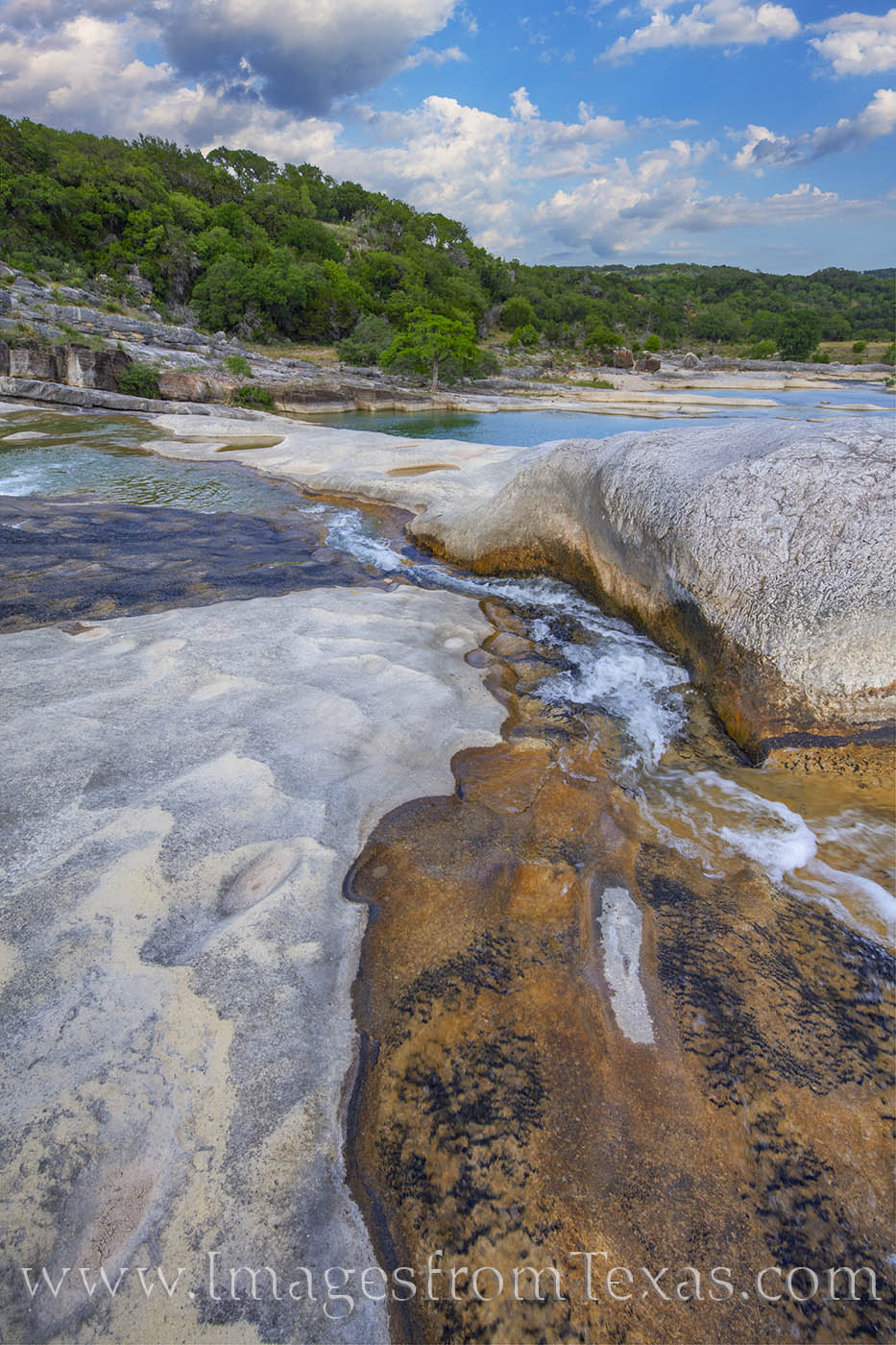 Pedernales in Late Spring 507-1 Half limestone rock, half clean, cool water, this image of the river basin in Pedernales Falls State Park shows the contrast...