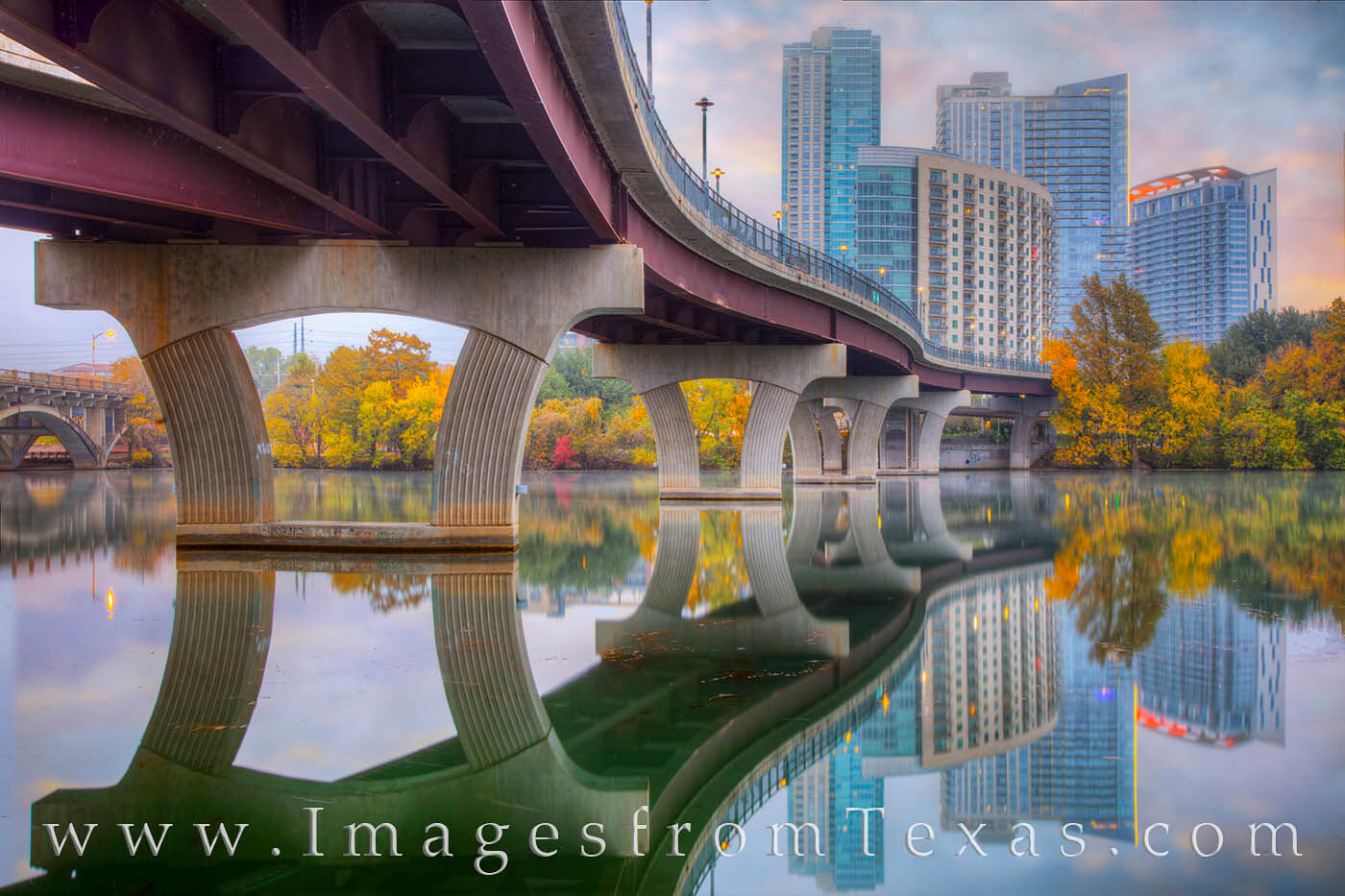 Pfluger Pedestrian Bridge in Autumn 1120-1 On a foggy November morning in downtown Austin, the curves of the Pfluger Pedestrian Bridge wind across Ladybird Lake (Town Lake...
