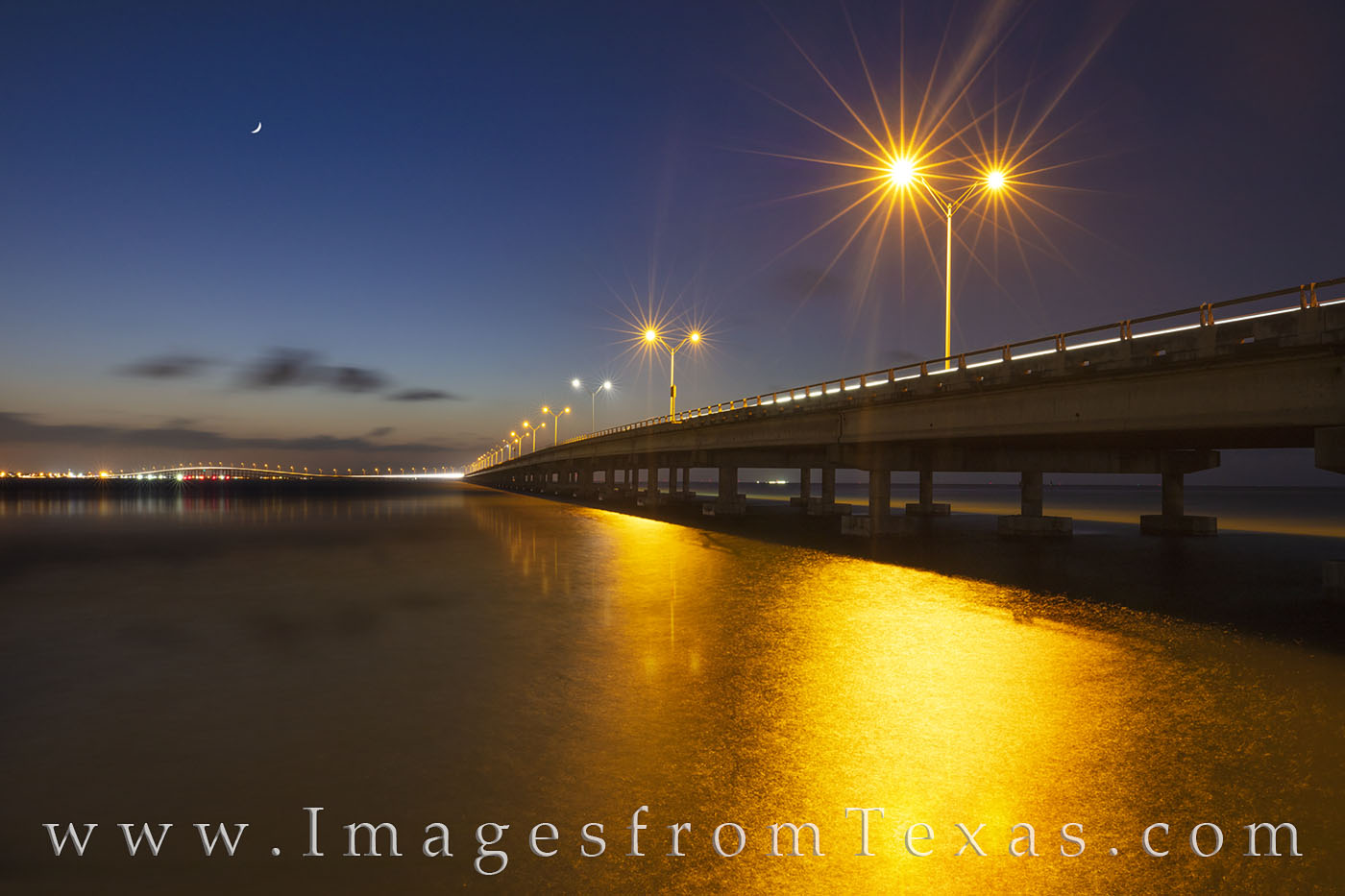 isabella causeway, south padre island, port isabel, evening, crescent moon, moon, south texas, laguna madre, bridge