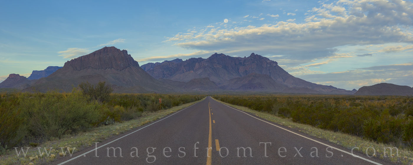Road to the Chisos Mountains Panorama 1 The Chisos Mountains rise in the cool November morning as a full moon sets just after sunrise. I was heading back to the Hill...