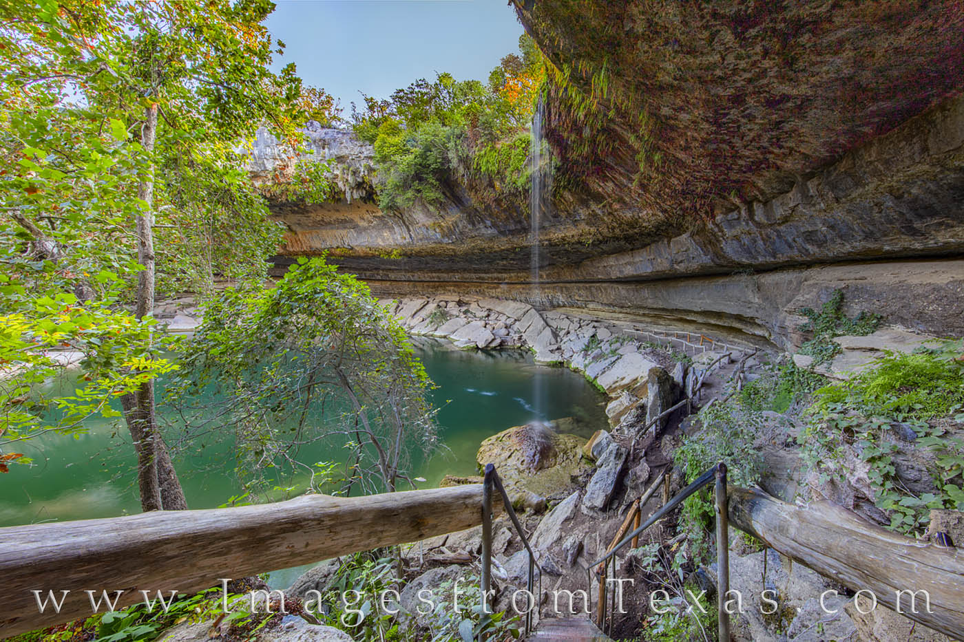Stairway to Hamilton Pool 105-1 Stairs lead down to the grotto of Hamilton Pool, a grotto just west of Austin, Texas.