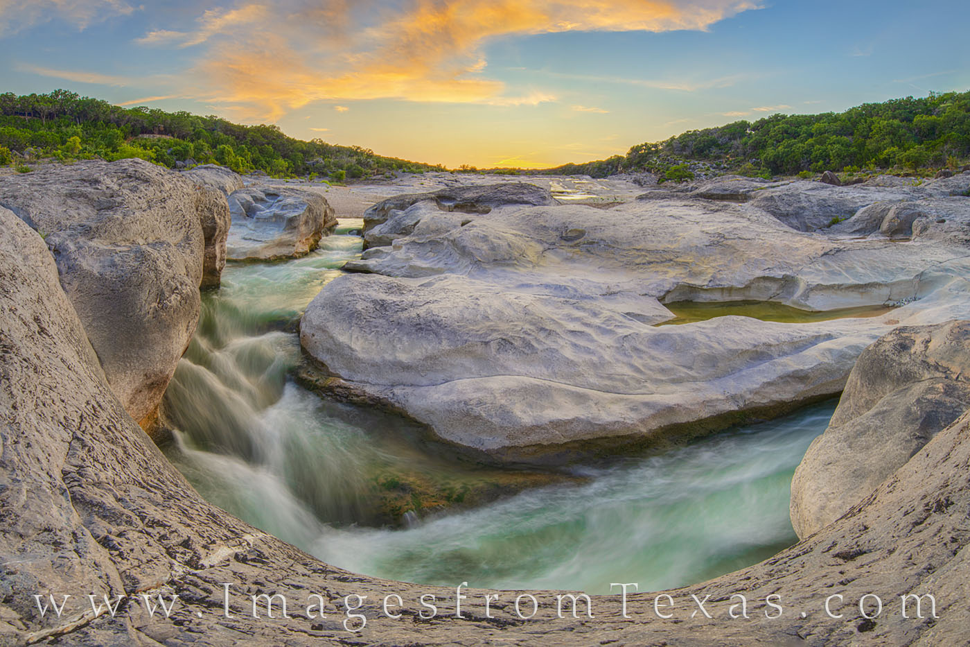 Summer Sunset on the Pedernales 726-4 This sunset photograph from Pedernales Falls State Park is made from 15 different images stitched and blended together to show...