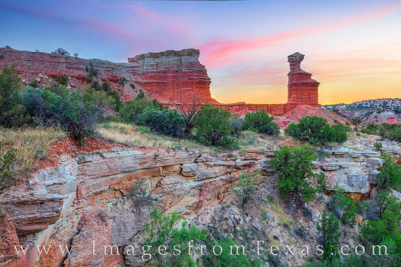 Sunset Beauty, Palo Duro 104-1 The Lighthouse hoodoo rises into the fading light in Palo Duro Canyon.
