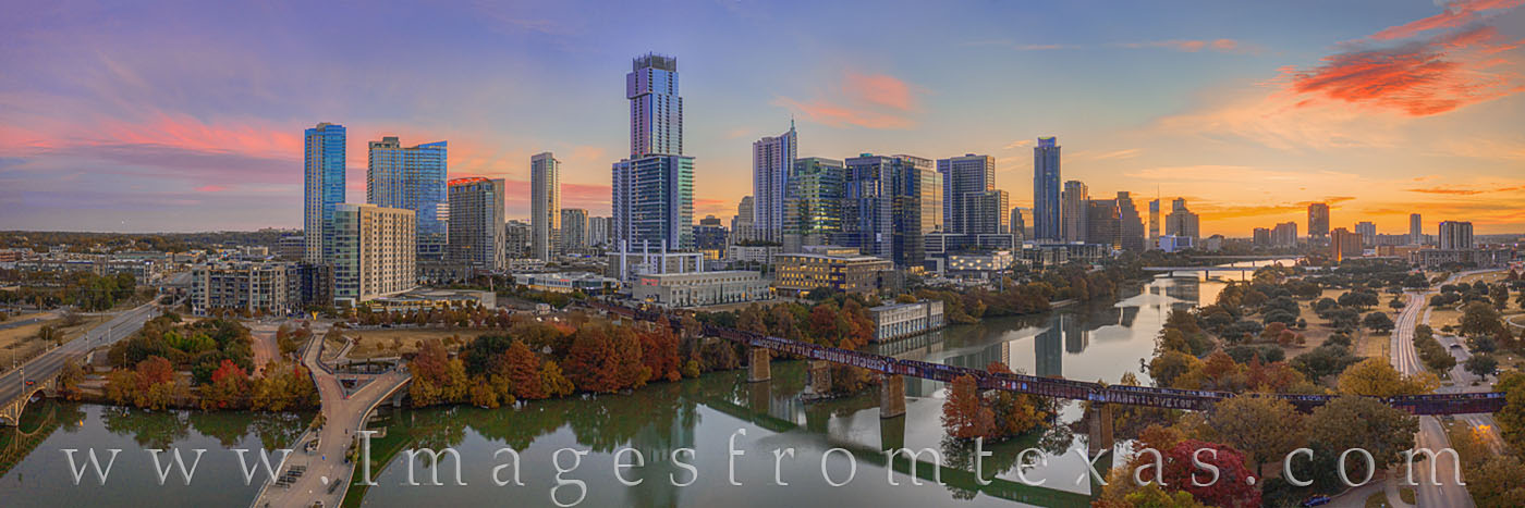 Texas Aerials - Austin Skyline November Sunrise Pano 3 This Austin skyline panorama was built from several images taken with a drone. The fall colors of late November were evident...
