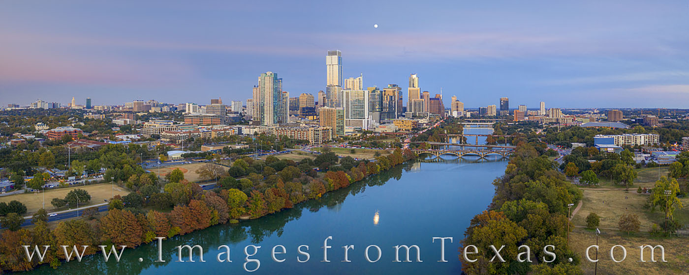 Texas Aerials - Austin Skyline Panorama, November 1120-1 On a beautiful November evening, this aerial photograph of downtown Austin and the skyline shows shows the fall colors found...