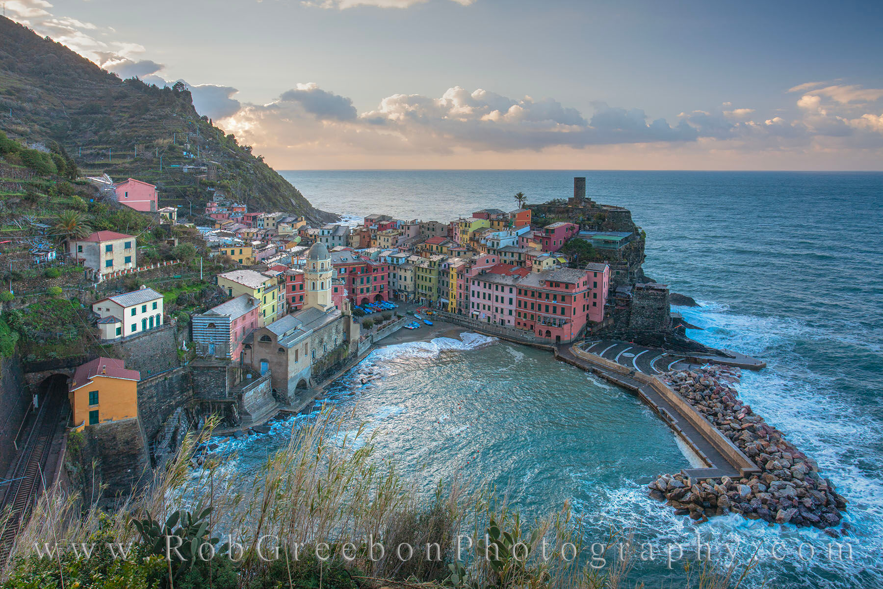 The Cinque Terre - Vernazza on a Spring Morning 2 The beautiful pastel colors of Vernazza, Italy, come to life in the soft light of morning. Seen here from high above a cliff...
