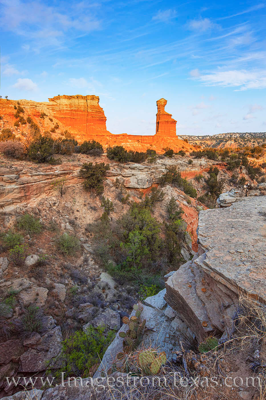 The Lighthouse on a Spring Morning 503-2 From the opposite side of a small canyon, this view looks across the valley to the iconic Lighthouse hoodoo in Palo Duro Canyon...