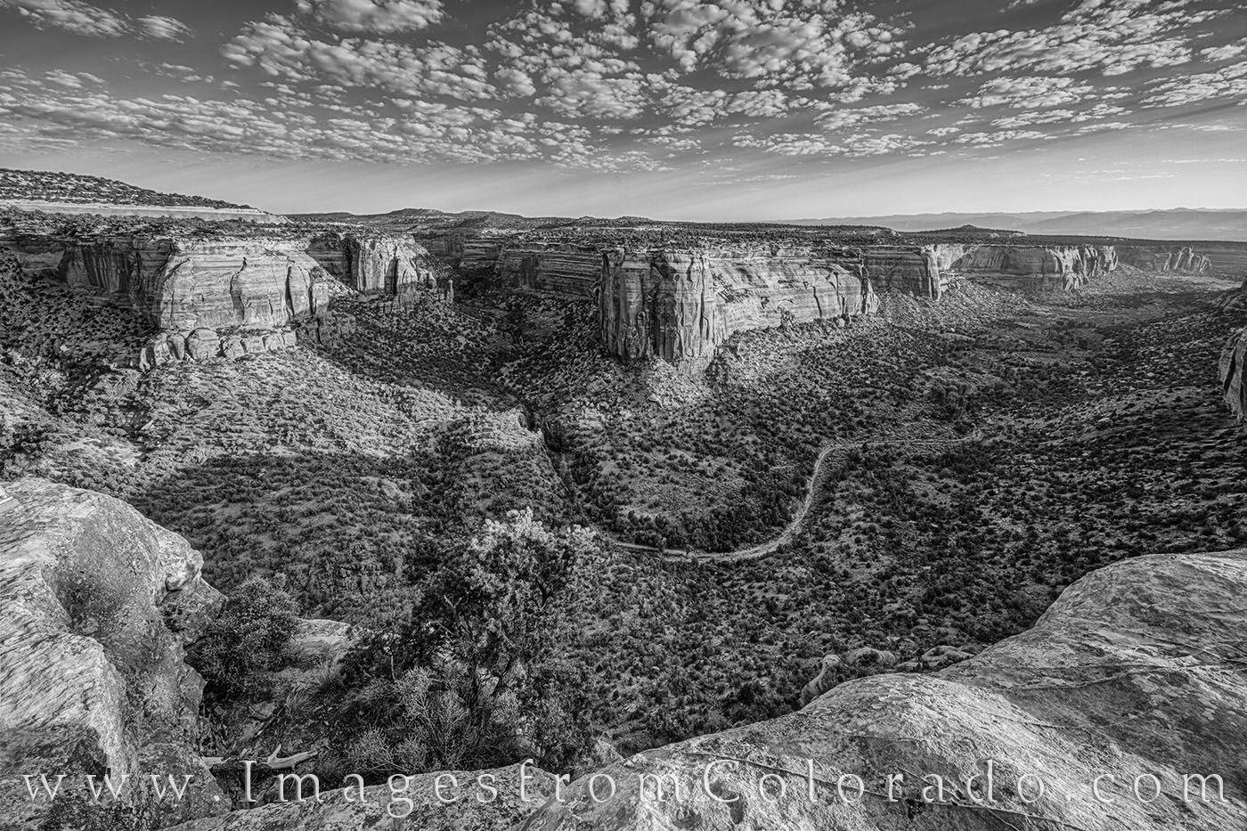 Ute Canyon Morning in Black and White 1 The sun begins to rise in the east and light fills into Ute Canyon. This beautiful chasm in Colorado National Monument is a great...